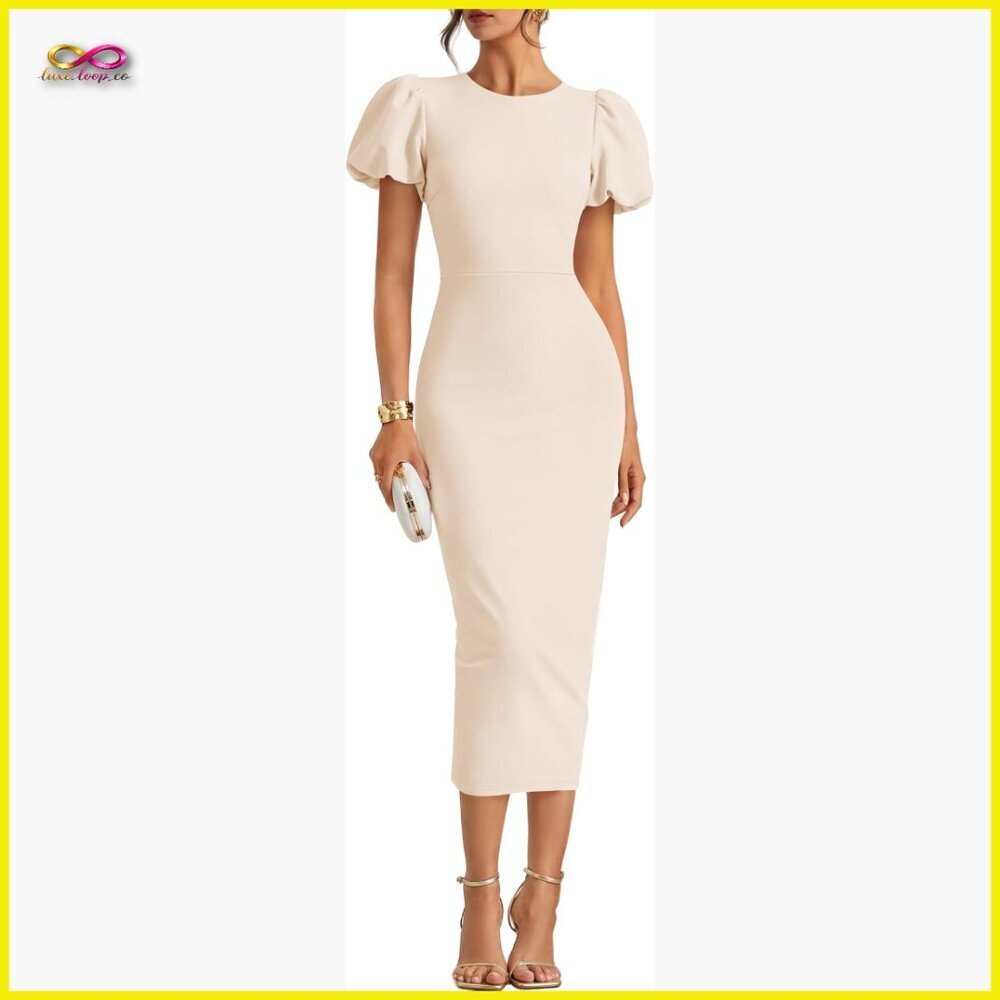 Elegant Bodycon Midi Dress Short Sleeve Formal Wedding Guest Cocktail Party